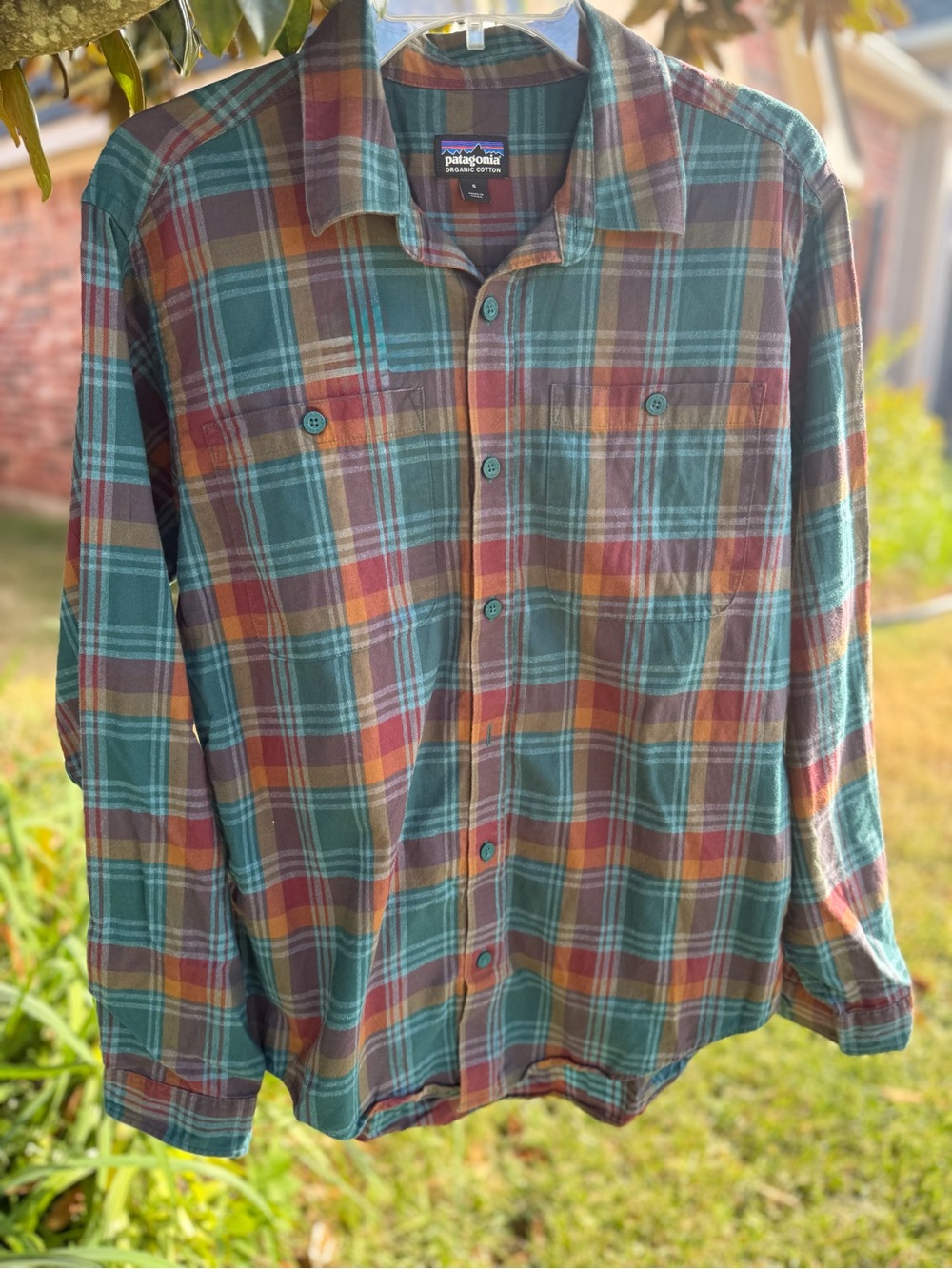 Patagonia Organic Cotton Plaid Flannel Shirt Small Teal Burgundy